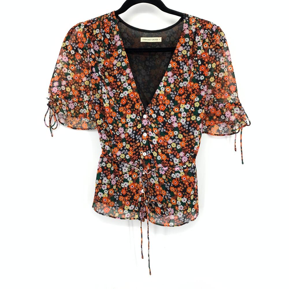 The East Order Tie Puff Sleeve Blouse Womens Sz Small Floral Print Button Front
